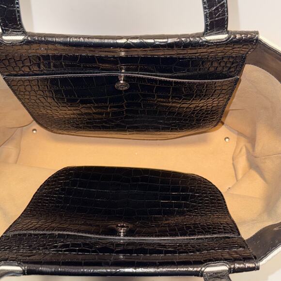 TOD´S Tasca Canvas & Croc Embossed Leather Tote Black & White Made in Italy - Picture 9 of 16